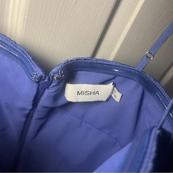 Beautiful blue satin midi Misha Amalthea dress XXS ruched - Picture 3 of 4